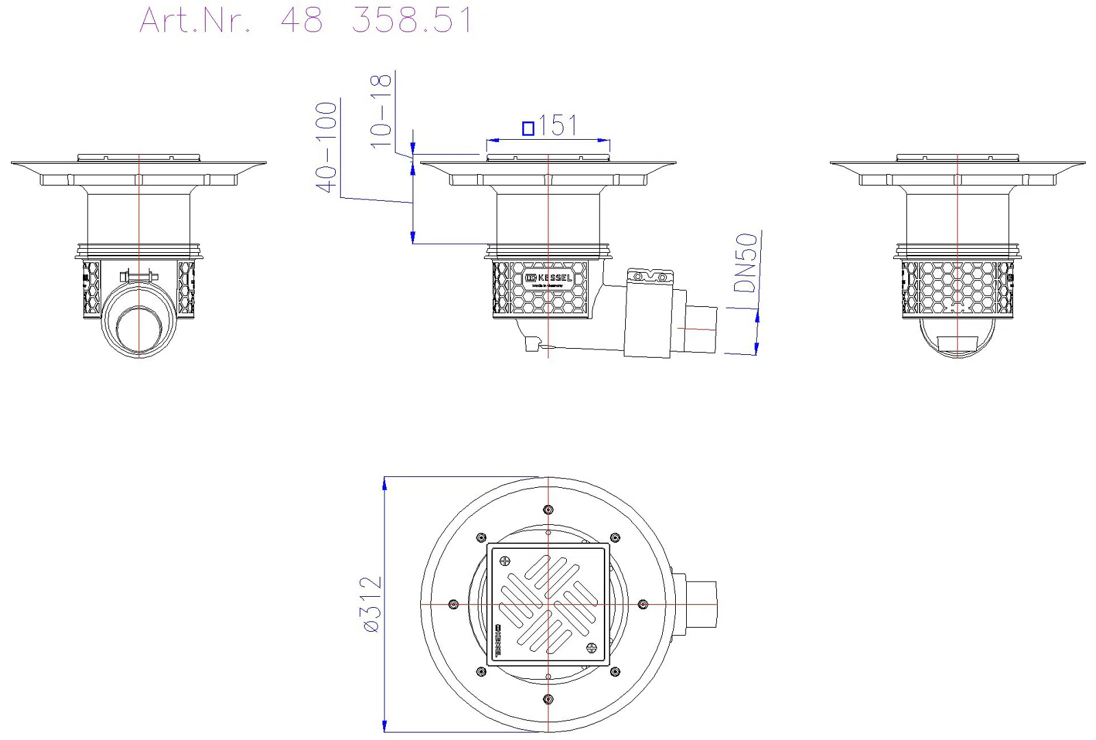 KESSEL-Boden-/Deckenablauf Ecoguss DN 50, seitl., Variofix, Schlitzrost