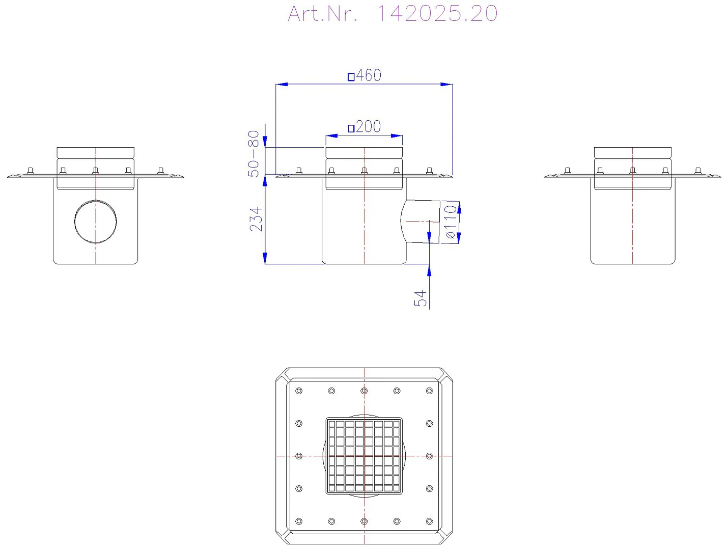 KESSEL-Ablauf Ferrofix DN 100, seitl. Gitter 190x190mm