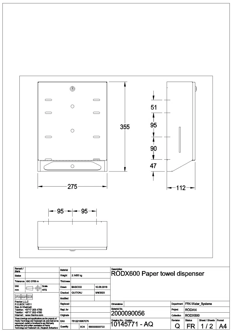 Papierhandtuchsp., RODAN, Edst., 275x355x112 mm, Aufputz, RODX600