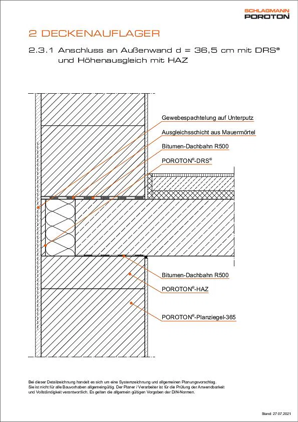 Deckenauflager mit POROTON®-HAZ und -DRS®, AW d = 36,5 cm