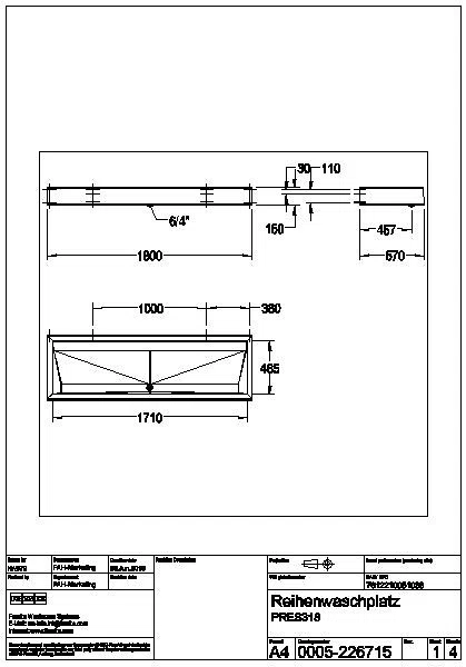 Reihenwaschanlage, PRESTIGE, Edst., 1800x150x570 mm, 3 Waschplätze, PRES318