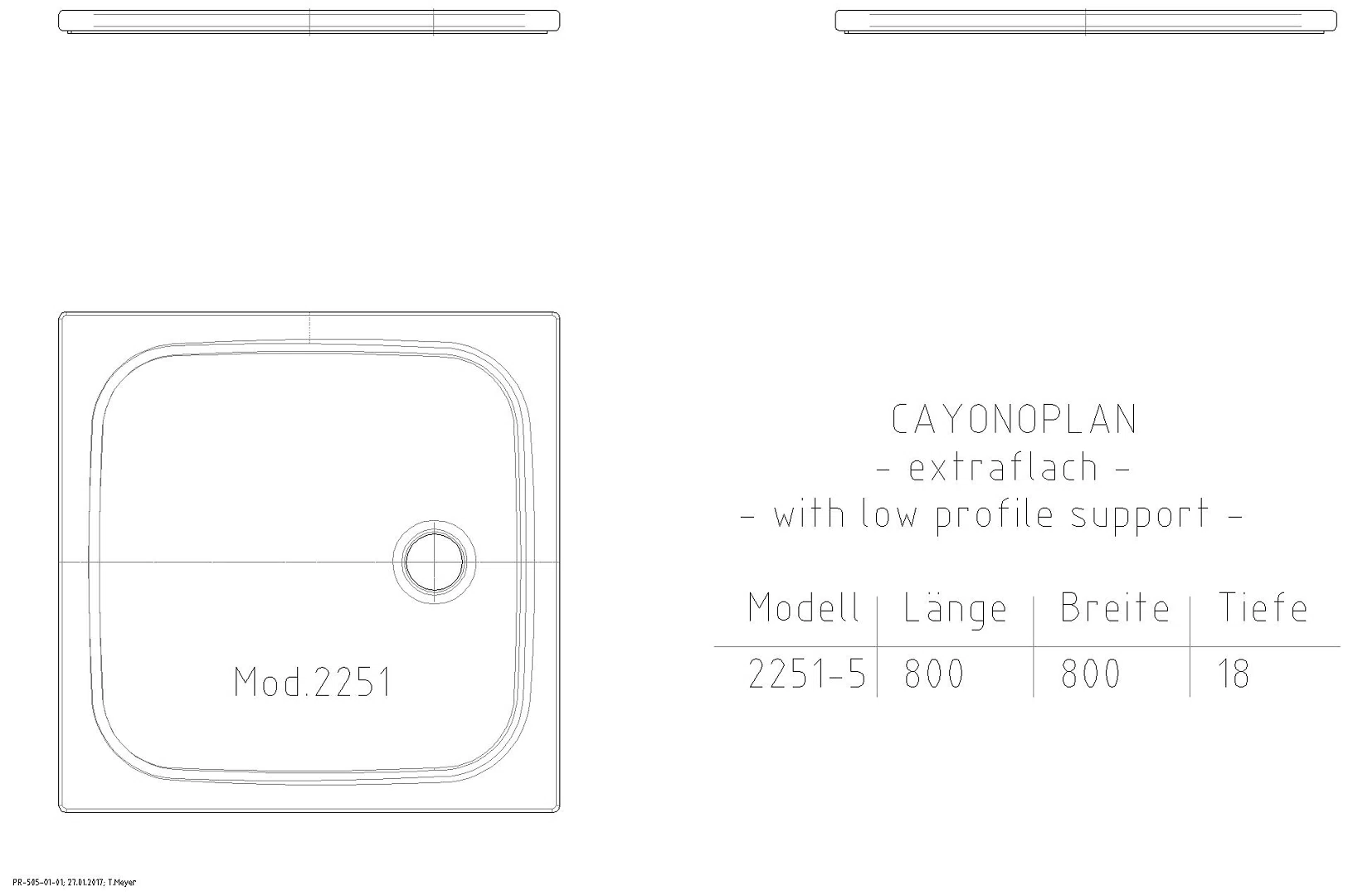 KALDEWEI CAYONOPLAN MIT WANNENTRÄGER EXTRAFLACH Duschfläche, 800x800x32 mm, Modell-Nr: 2251-5