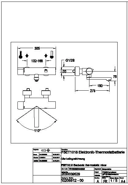 Wandbatterie, F5, elek., Thermostat, Schwenkauslauf, 275 mm, TD, Batterie, F5ET1018