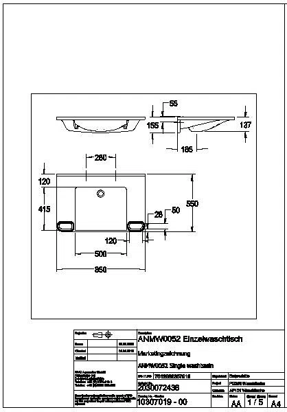 Einzelwaschtisch, MEDCARE, MIRANIT, 850x150x550 mm, weiß/grau, Griff, ANMW0052