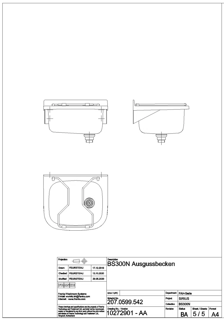 Ausgussbecken, SIRIUS, Edelstahl, 470x250x405 mm, Klapprost, BS300N