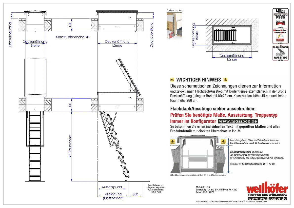FlachdachAusstieg mit Scherentreppe Liliput FeuerSchutz FS30 WärmeSchutz WSPH