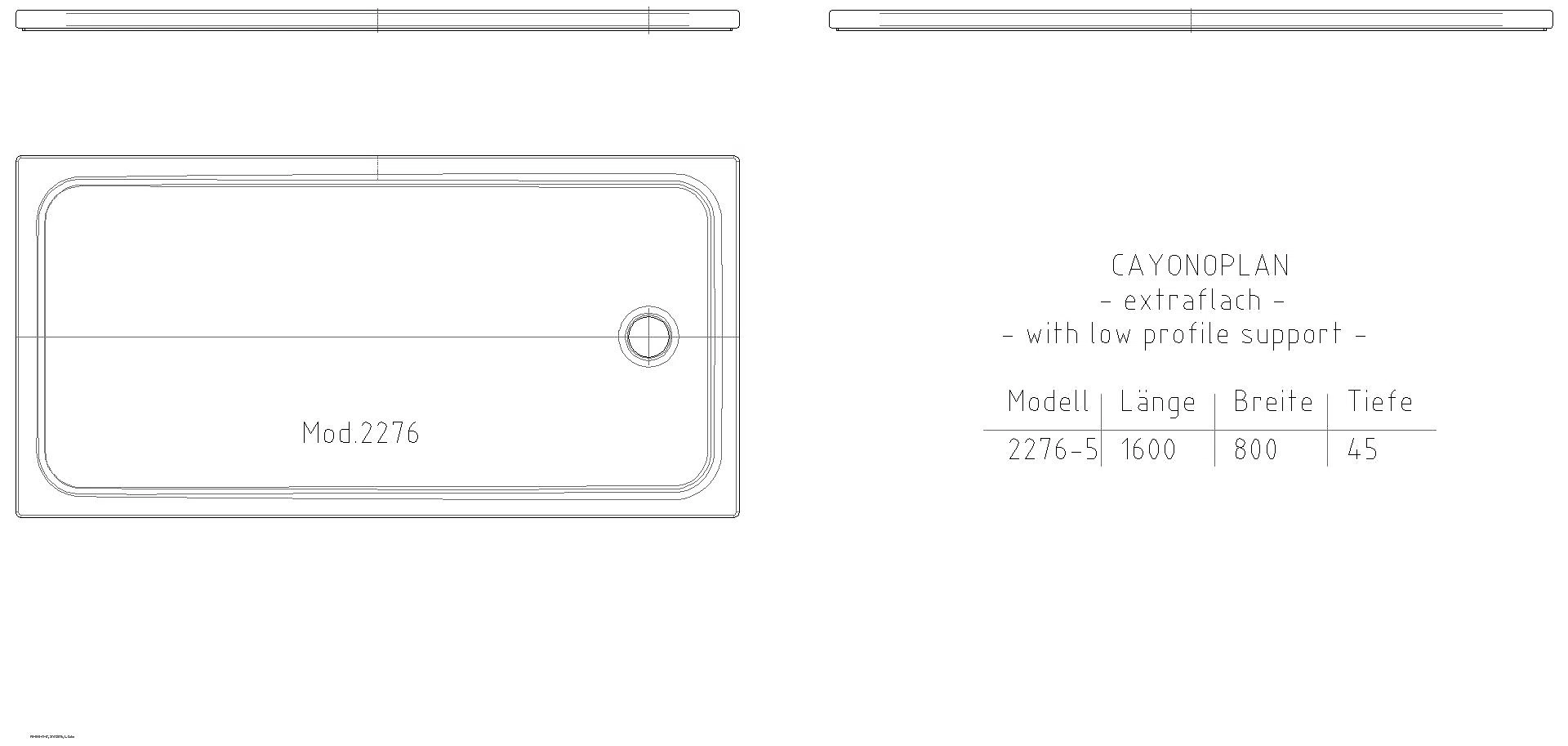 KALDEWEI CAYONOPLAN MIT WANNENTRÄGER EXTRAFLACH Duschfläche, 800x1600x40 mm, Modell-Nr: 2276-5