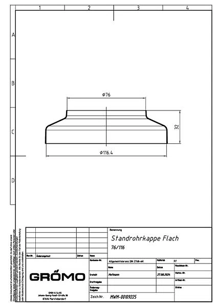Zink Standrohrkappe ø76/116 flach, #Art.Nr. 62701