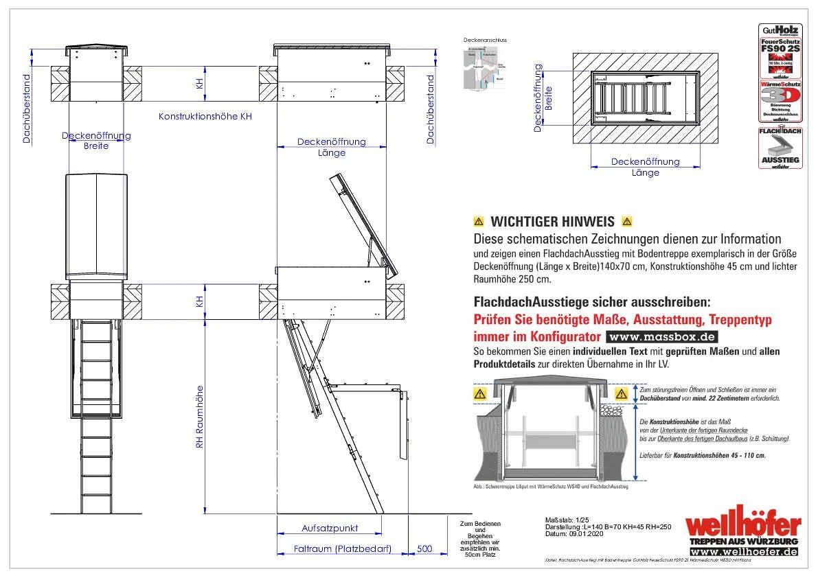 FlachdachAusstieg mit Bodentreppe GutHolz FeuerSchutz FS90 2S WärmesSchutz WS3D