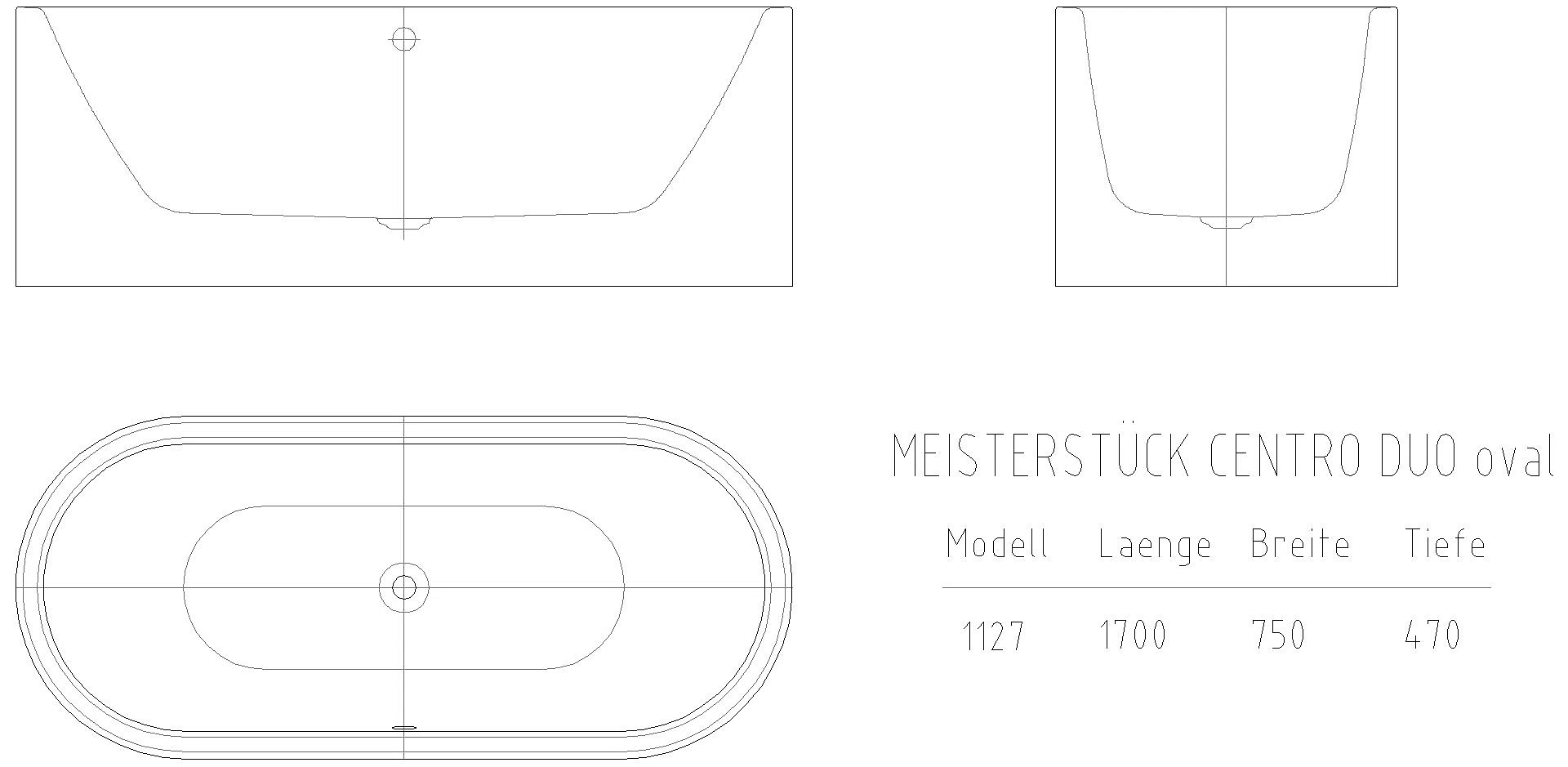 KALDEWEI MEISTERSTÜCK CENTRO DUO OVAL Badewanne, 1700x750 mm, Modell-Nr: 1127-4040