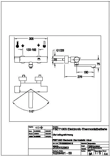 Wandbatterie, F5, elek., Thermostat, Schwenkauslauf, 275 mm, Batterie, F5ET1003
