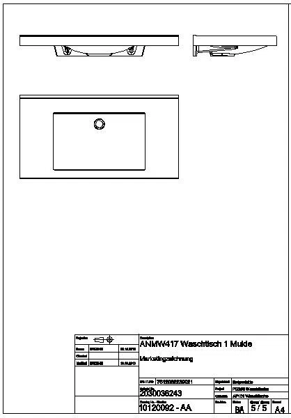 Einzelwaschtisch, QUADRO, MIRANIT, 1000x125x530 mm, Mulde re-eckig, ANMW417