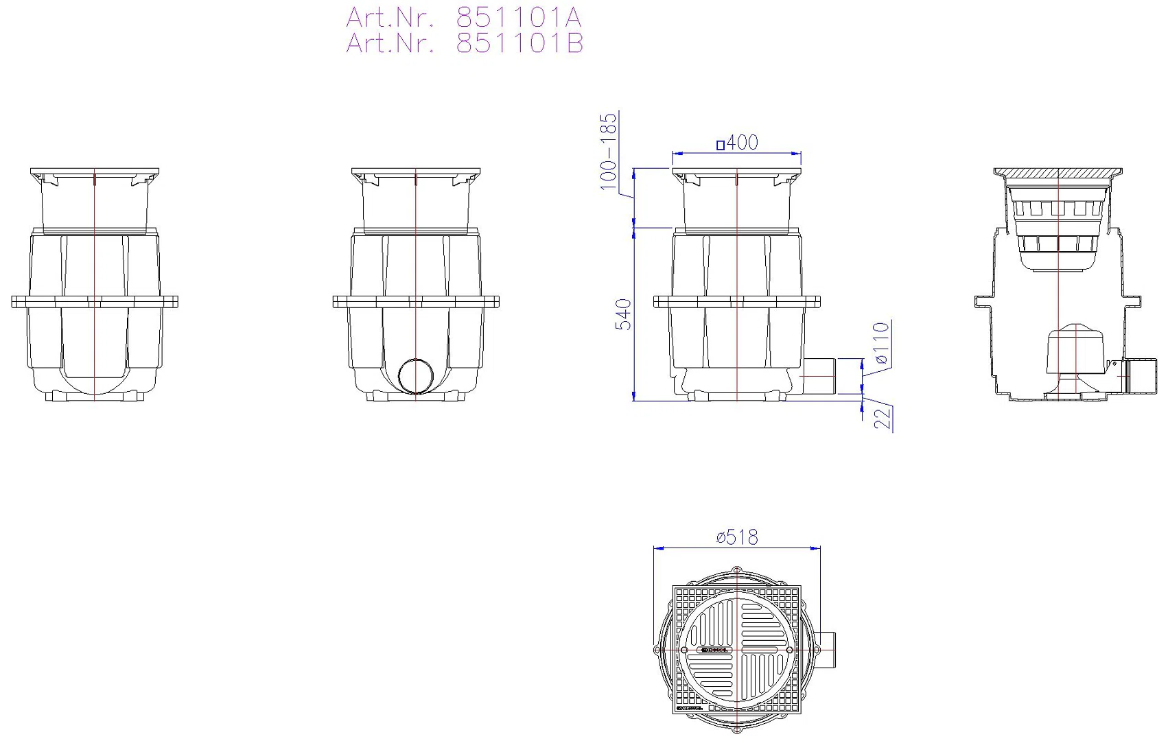 KESSEL-Hofablauf System 400, DN 100, B, 580 - 710 mm
