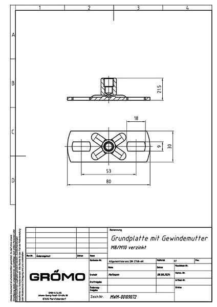 Verzinkte Grundplatte 80 x 30 x 3 mm SW 13 mit Gewindemutter M8/M10, #Art.Nr. 50221