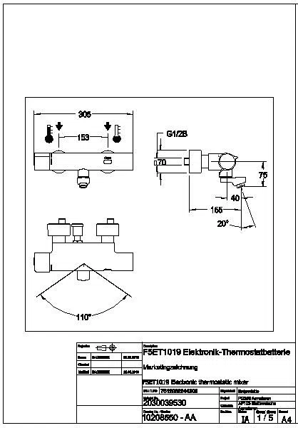 Wandbatterie, F5, elek., Thermostat, Schwenkauslauf, 155 mm, TD, f. Netzteil, F5ET1019