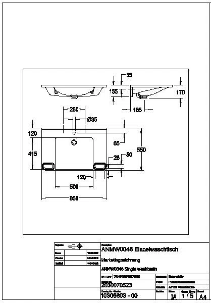 Einzelwaschtisch, MEDCARE, MIRANIT, 850x150x550 mm, weiß/grau, Hl., Ül., Gr., ANMW0046