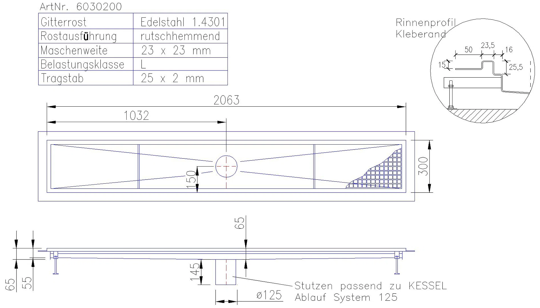KESSEL-Kastenrinne Ferrofix Klebeflansch H: 15 mm, 300 x 2050 mm