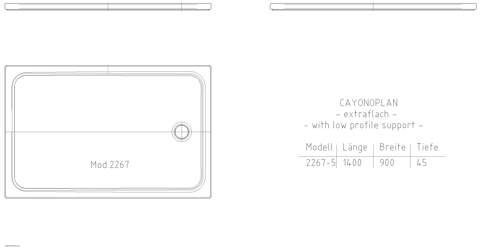 KALDEWEI CAYONOPLAN MIT WANNENTRÄGER EXTRAFLACH Duschfläche, 900x1400x40 mm, Modell-Nr: 2267-5