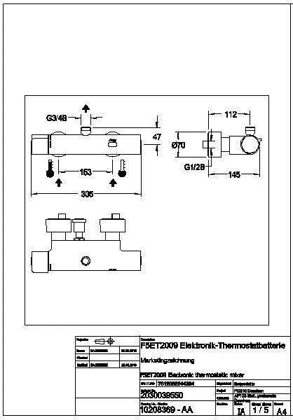 Wandbatterie, F5, elek., Thermostat, für Bogen/Duschrohr, TD, für Netzteil, F5ET2009