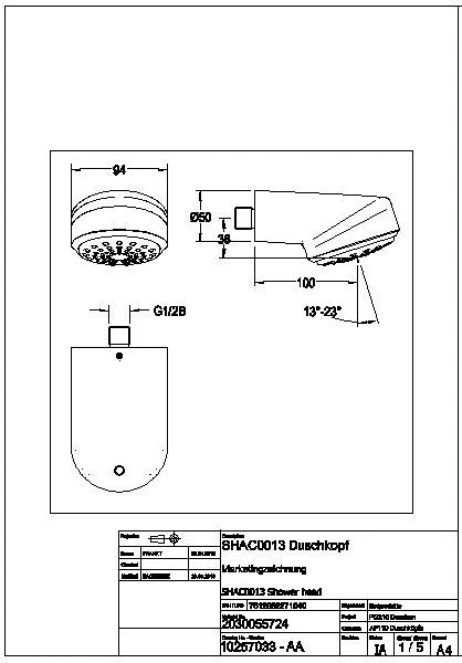 Duschkopf, AQUAJET-Comfort, DN15, Strahlboden winkelv., Wandanschluss, 9l, SHAC0013