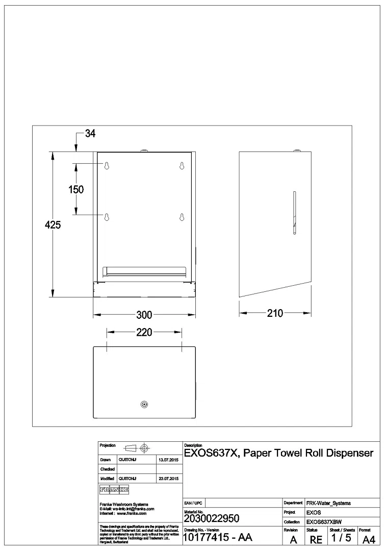 Papierhandtuchspender, EXOS, Edelstahl, Aufputz, 300x423x210 mm, EXOS637X