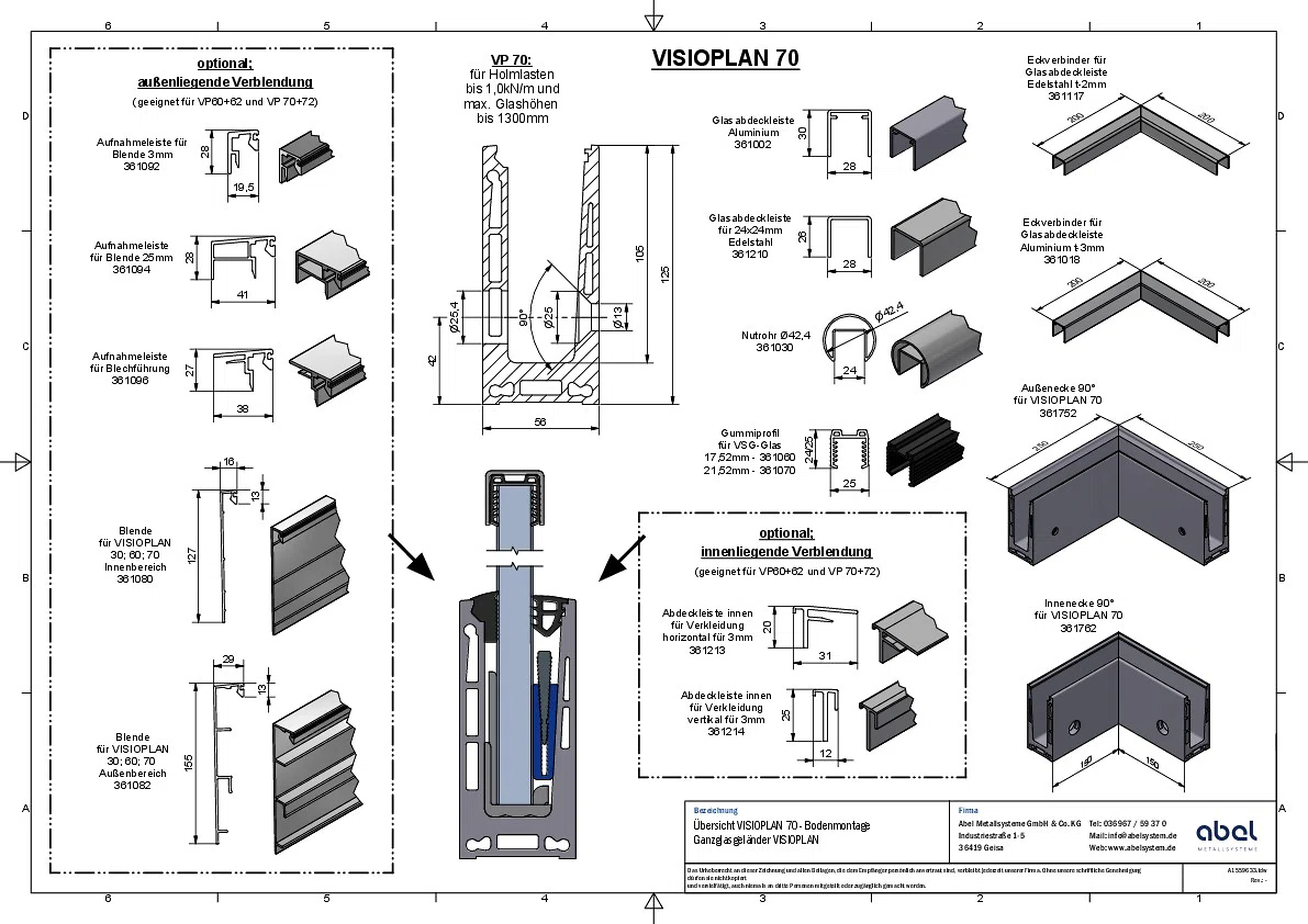 VISIOPLAN 70, Ganzglasgeländer - Seitenmontage