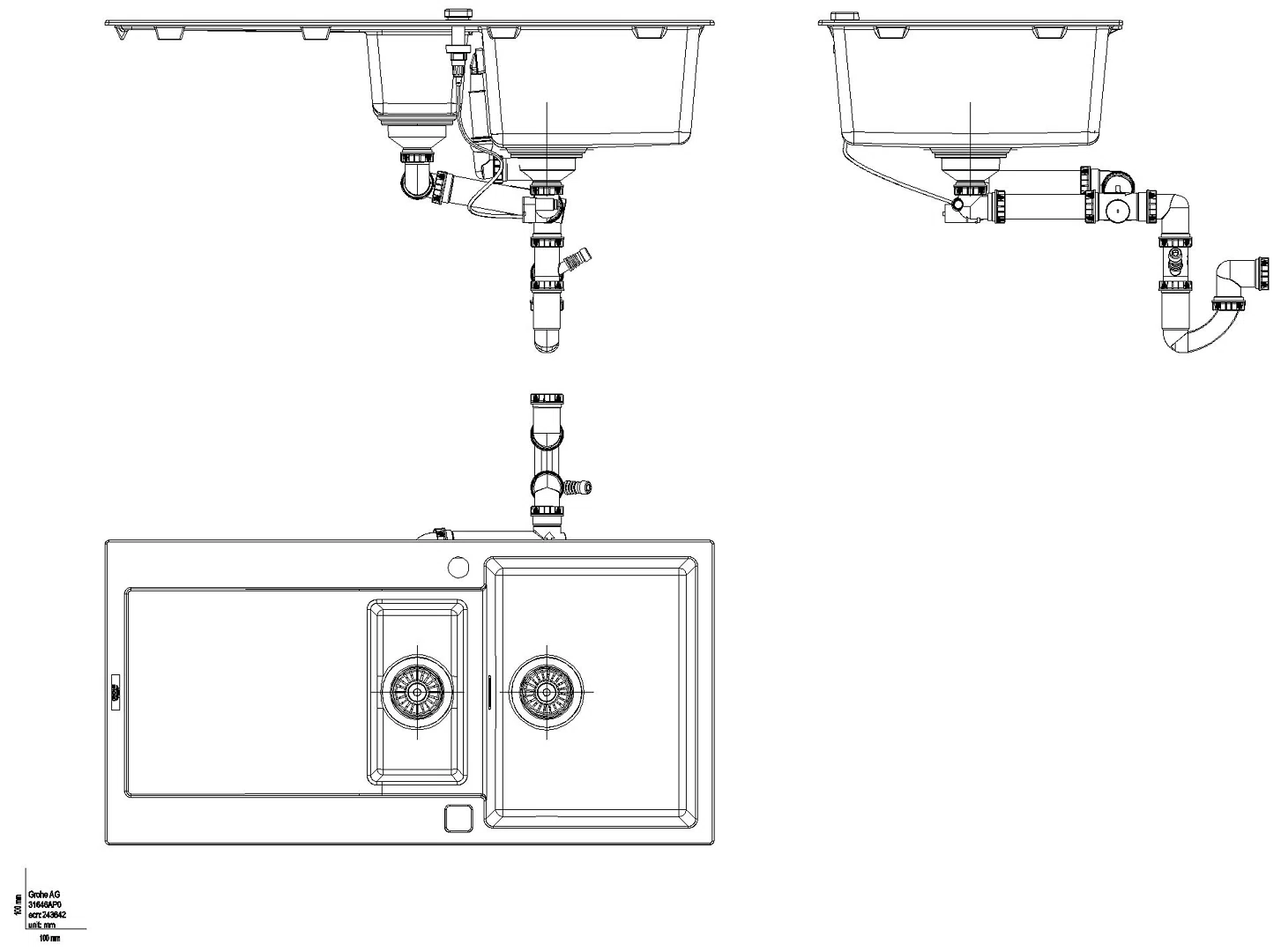 GROHE Kompositspüle K500 31646 1,5Becken 1000x500mm mit ATF re/li granit schwarz