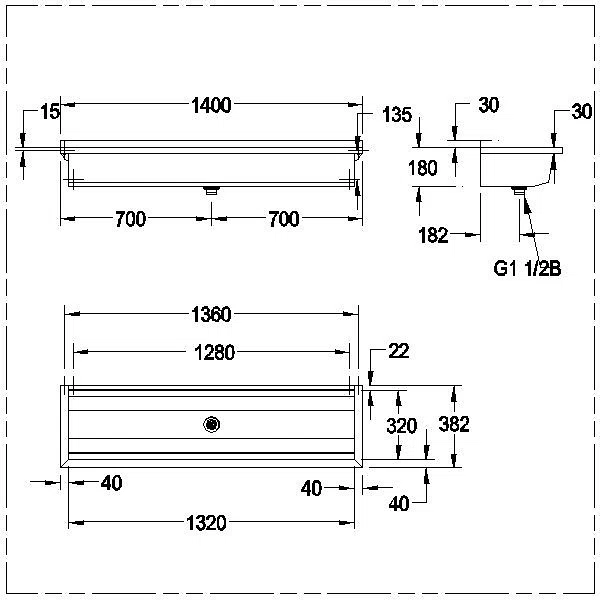 Waschrinne, PLANOX, Edelstahl, W.-Mont., 1400x210x382 mm, o. Arm-bank, PL14
