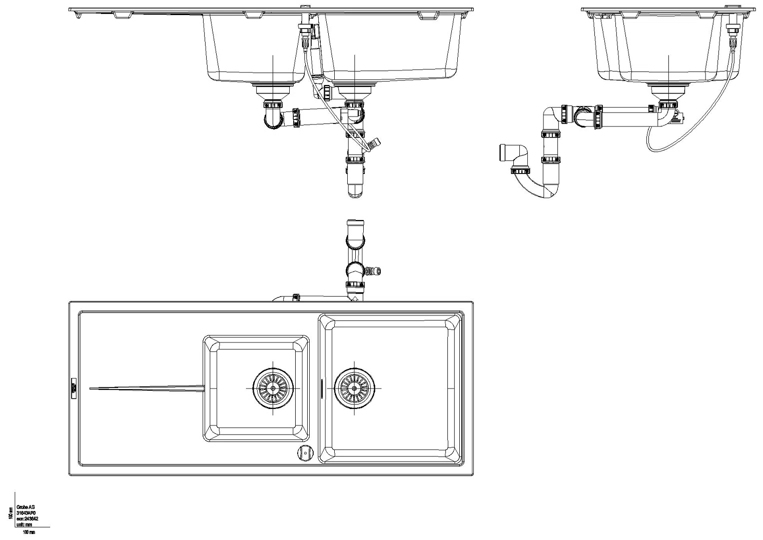 GROHE Kompositspüle K400 31643 2 Becken 1160x500mm mit ATF re/li granit schwarz