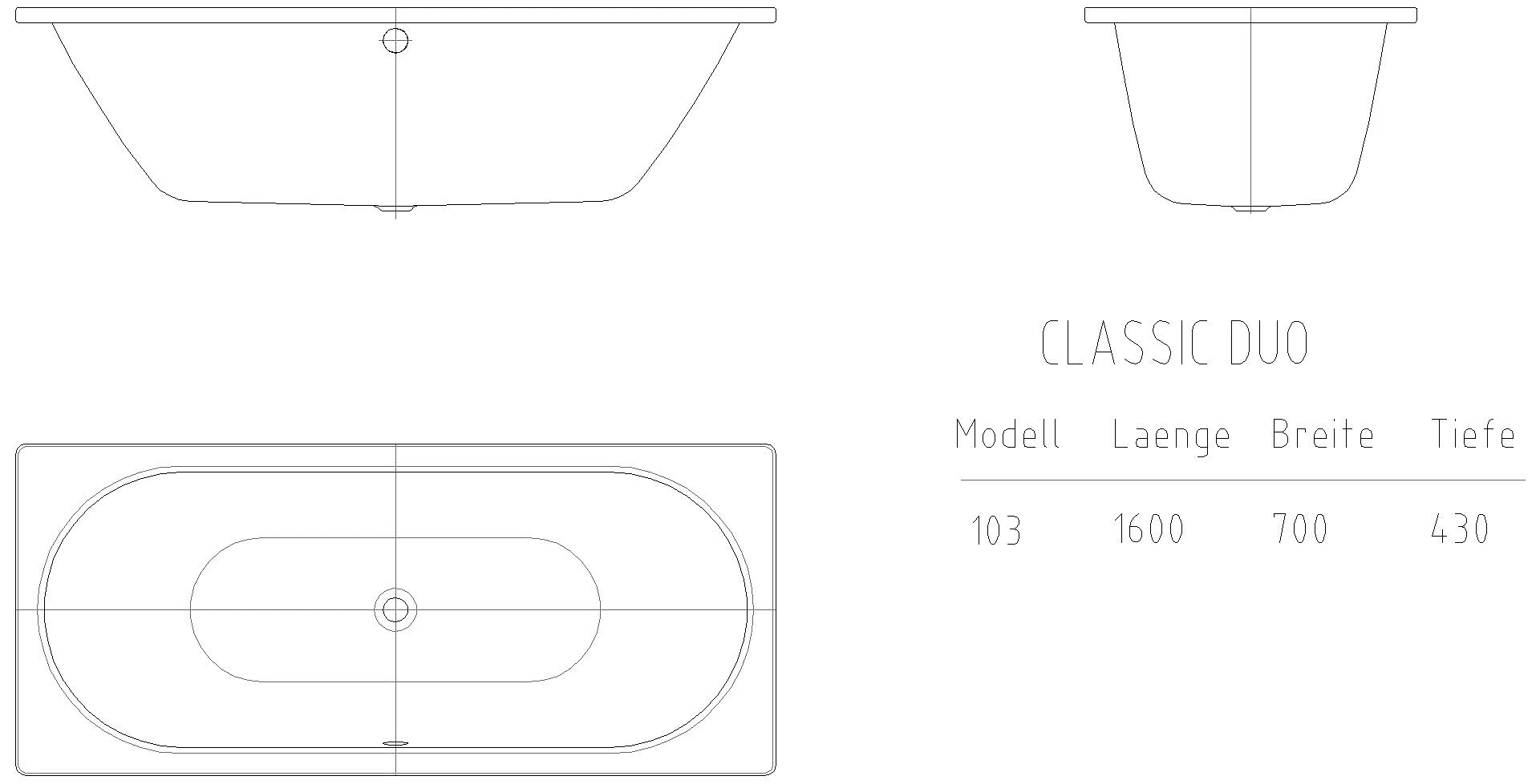 KALDEWEI CLASSIC DUO Badewanne, 1600x700 mm, Modell-Nr: 103