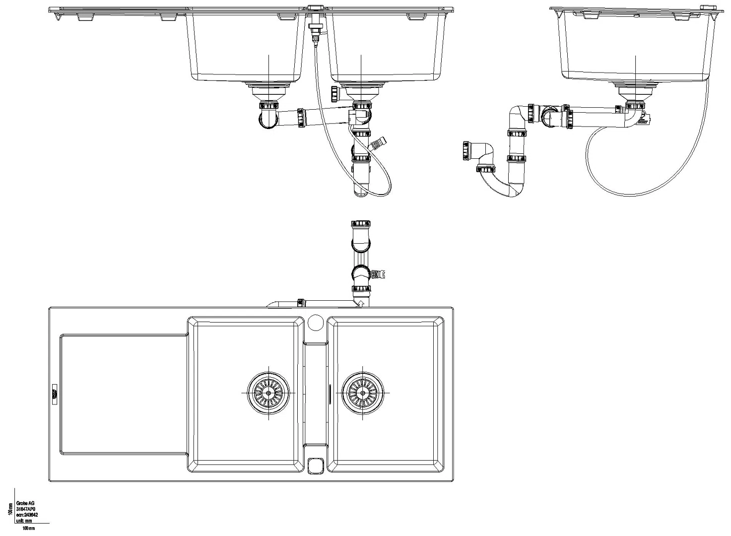 GROHE Kompositspüle K500 31647 2 Becken 1160x500mm mit ATF re/li granit schwarz