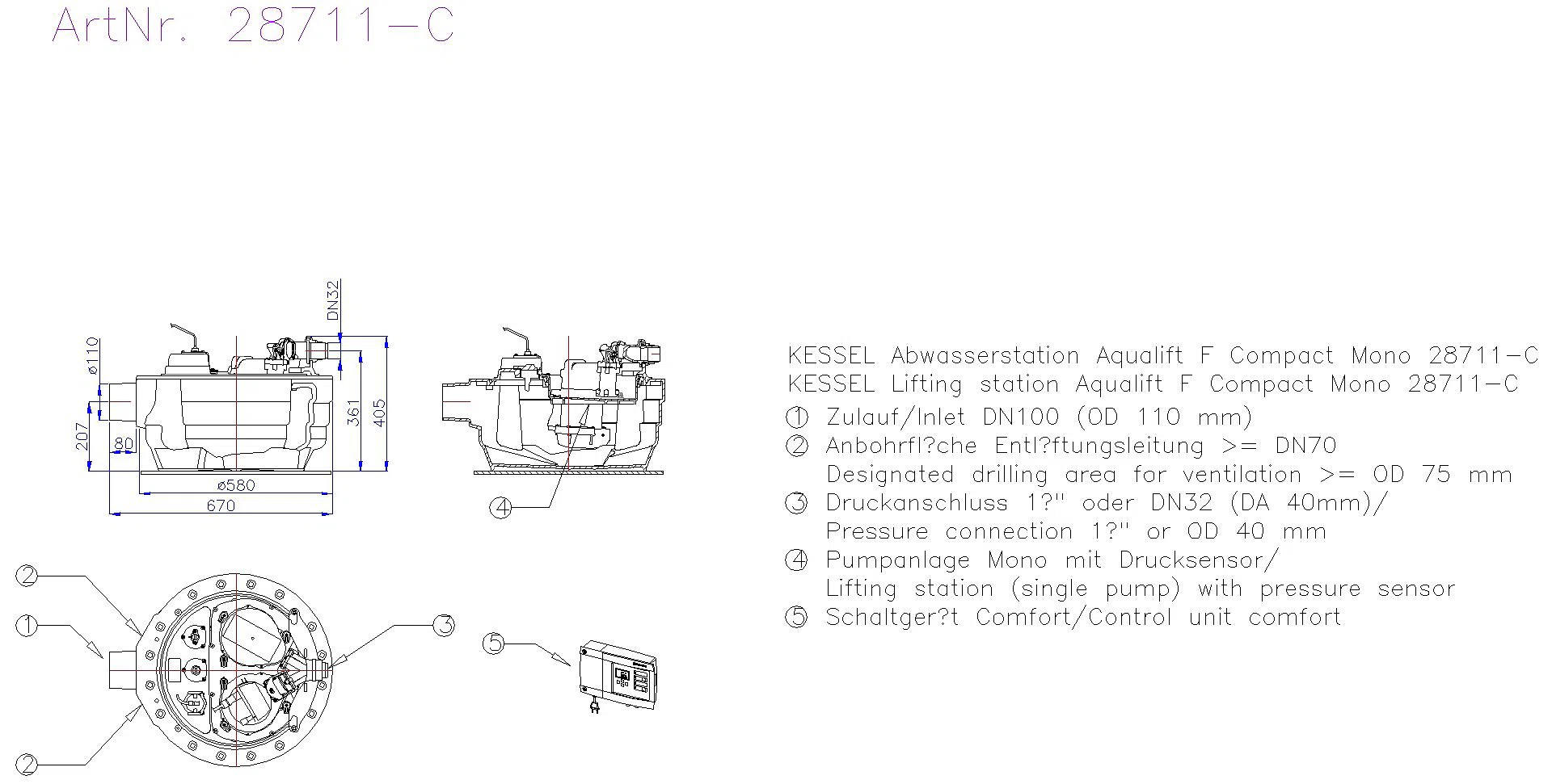 KESSEL-Hebeanlage Aqualift F Compact Mono, SPZ 1000, freie Aufstellung