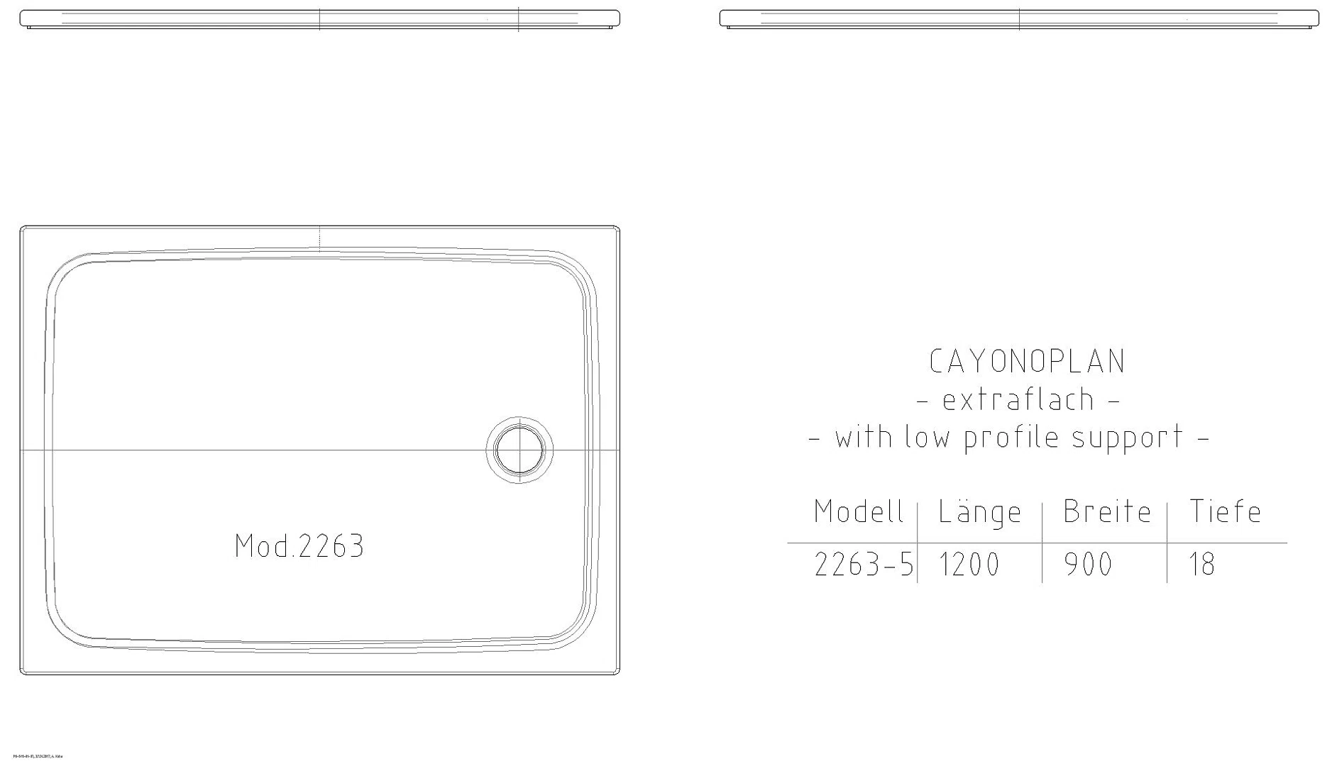 KALDEWEI CAYONOPLAN MIT WANNENTRÄGER EXTRAFLACH Duschfläche, 900x1200x32 mm, Modell-Nr: 2263-5