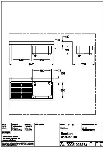 Gewerbespüle, MAXIMA, Edelstahl, 1400x432x700 mm, Tropfteil links, MAXL117-140