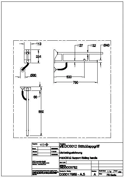 Stützklappgriff, MEDCARE, Edelstahl, grau, 113x234x850 mm, elektr. WC-Spül, MEDC0012