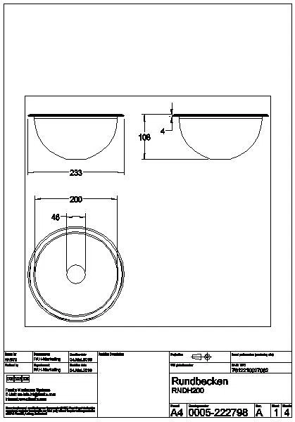 Rundbecken, RONDO, Edelstahl, 233x107 mm, ohne Überlauf, seidenmatt, RNDX200