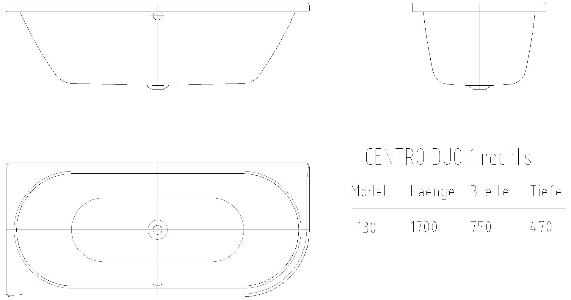 KALDEWEI CENTRO DUO 1 RECHTS Badewanne, 1700x750 mm, Modell-Nr: 130