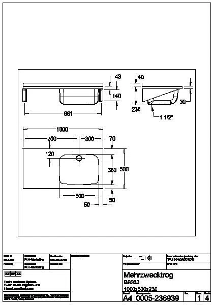 Mehrzweckbecken, SIRIUS, Edelstahl, 1000x230x500 mm, Ablagefläche links, BS332