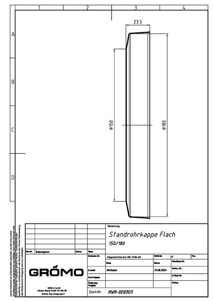Zink Standrohrkappe ø150/180 flach, #Art.Nr. 62715