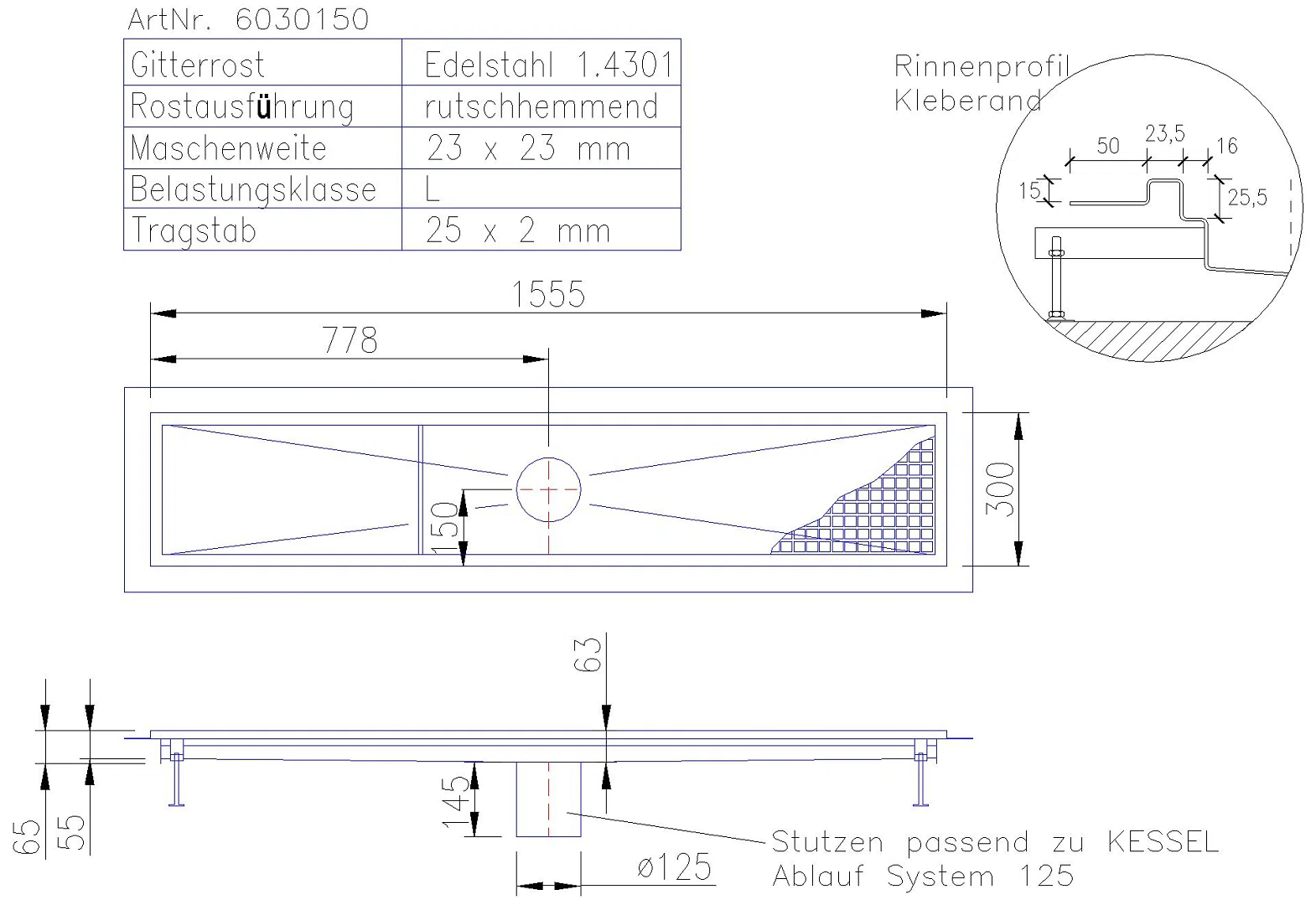 KESSEL-Kastenrinne Ferrofix Klebeflansch H: 15 mm, 300 x 1550 mm
