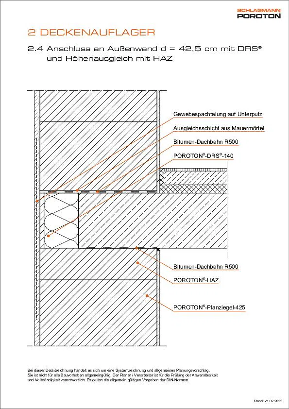 Deckenauflager mit POROTON®-HAZ und -DRS®, AW d = 42,5 cm