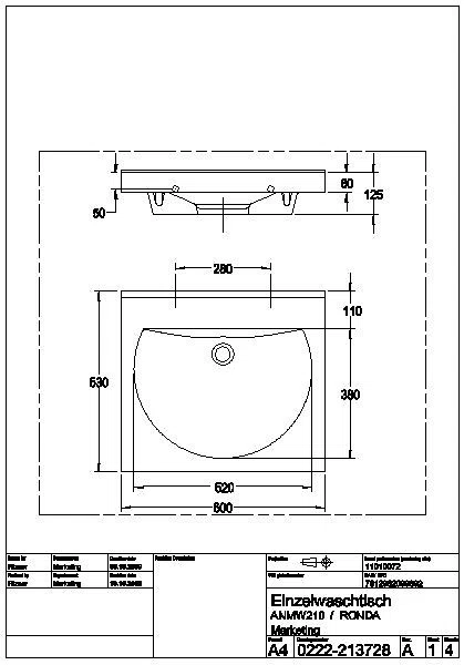 Einzelwaschtisch, RONDA, MIRANIT, 600x125x530 mm, Mulde rund, ANMW210