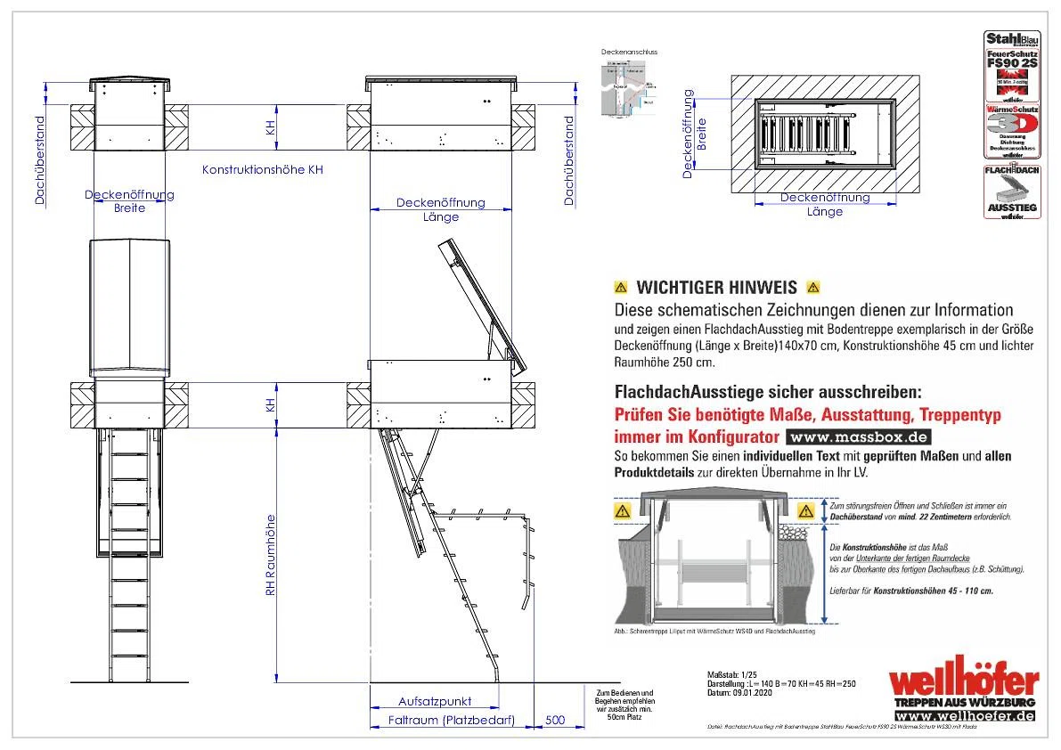 FlachdachAusstieg mit Bodentreppe StahlBlau FeuerSchutz FS90 2S WärmesSchutz WS3D