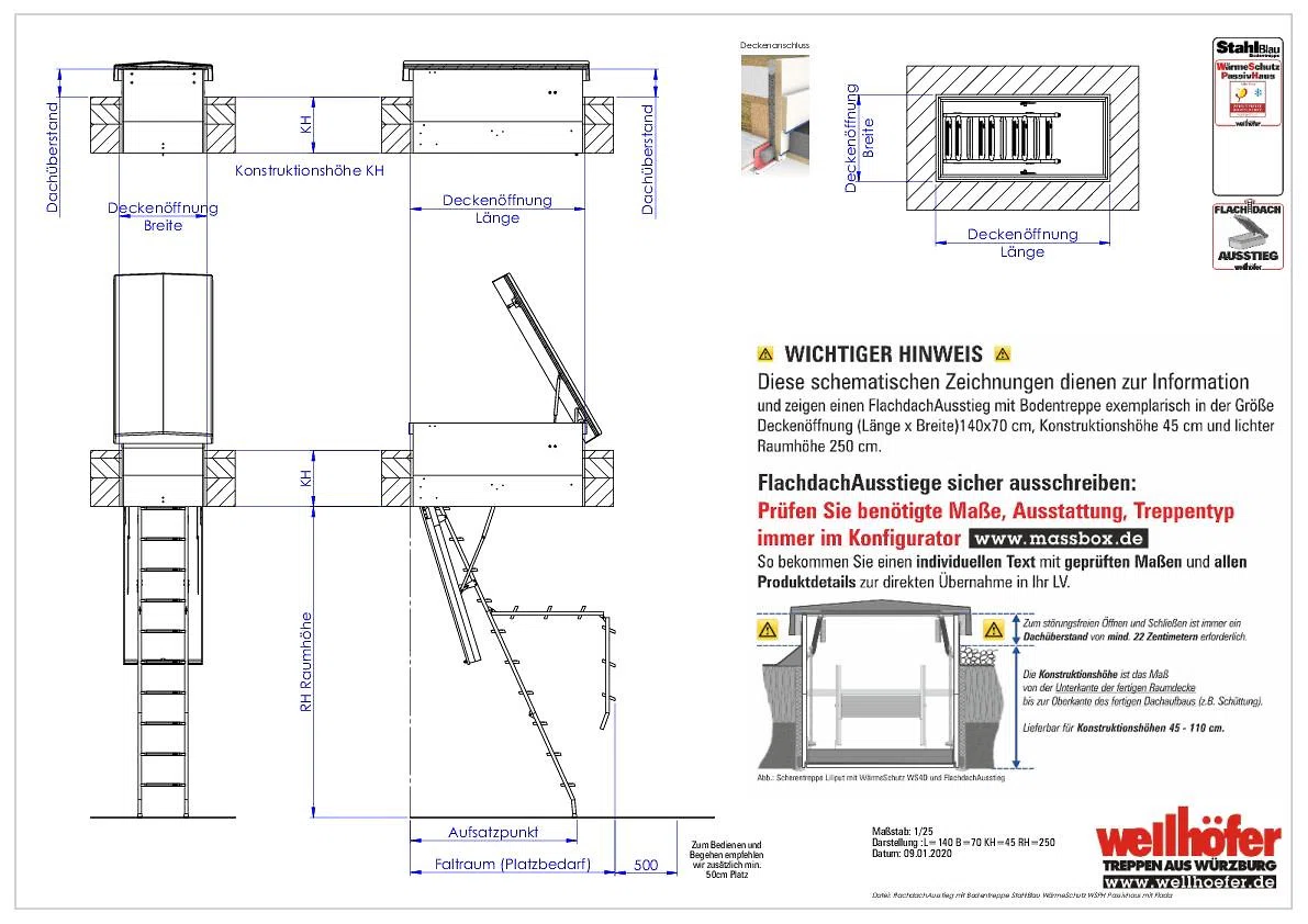 FlachdachAusstieg mit Bodentreppe StahlBlau WärmeSchutz WSPH Passivhaus