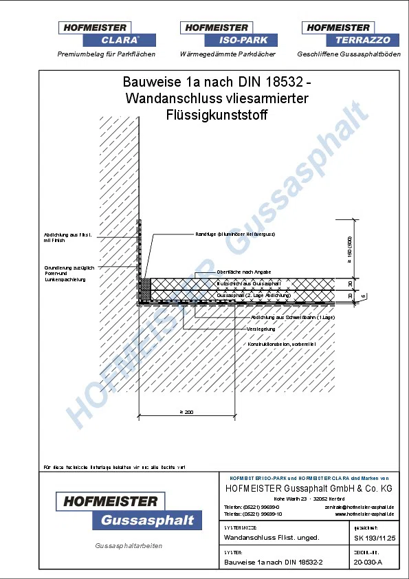Gussasphalt Wandanschlussdetail - vliesarmierter Flüssigkunststoff, zwei lagig