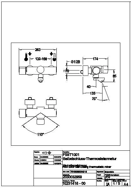 Wandbatterie, F5, hydr., Thermostat, Schwenkauslauf, 135 mm, F5ST1001