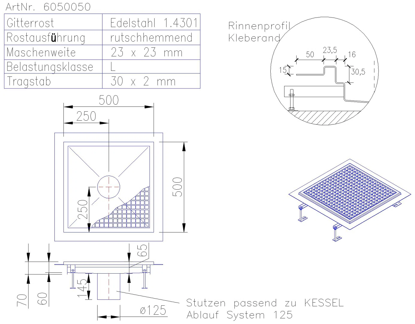 KESSEL-Bodenwanne Ferrofix Klebeflansch H: 15 mm, 500 x 500 mm