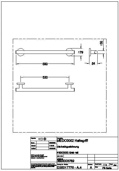 Haltegriff, MEDCARE, Edelstahl, grau, 606x72x84 mm, Griffbreite 600 mm, MEDC0002