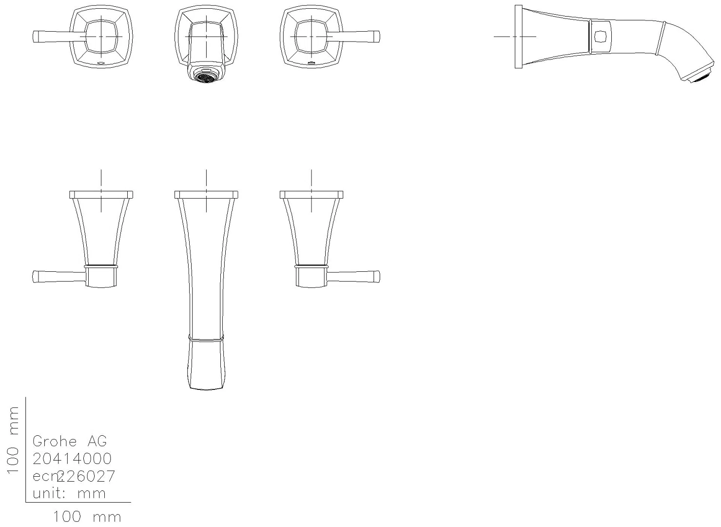 GROHE 3-Loch-WT-Batterie Grandera 20622 Wandmontage FMS Ausl. 177mm chrom/gold