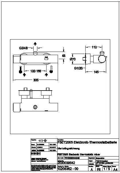 Wandbatterie, F5, elek., Thermostat, für Bogen/Duschrohr, für Netzteil, F5ET2005
